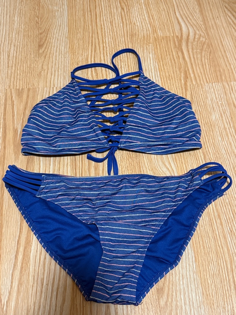 H&M Blue Striped Lace-Up Bikini